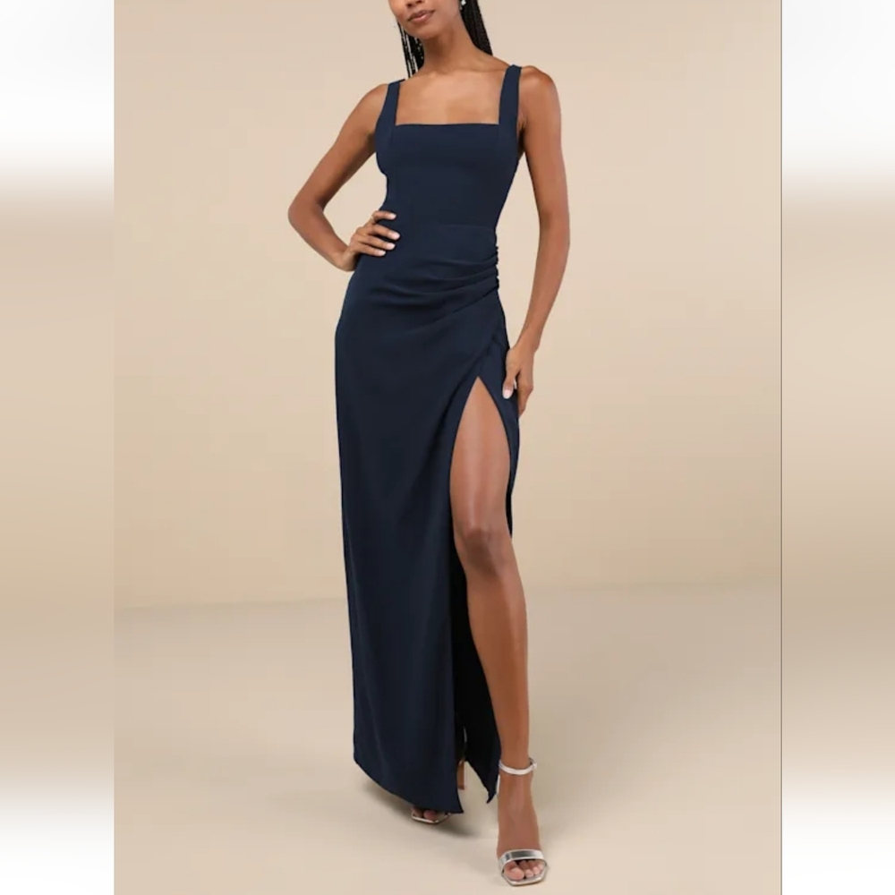 Lulus NWT Glamorous Disposition Navy Ruched Maxi Dress